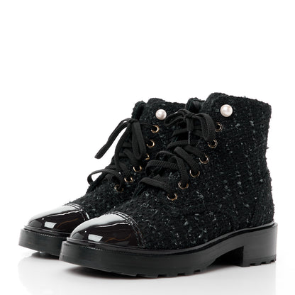 Chanel Tweed Patent Calfskin Pearl Combat Short Boots 35.5 Black Grey Blue 3 of 8