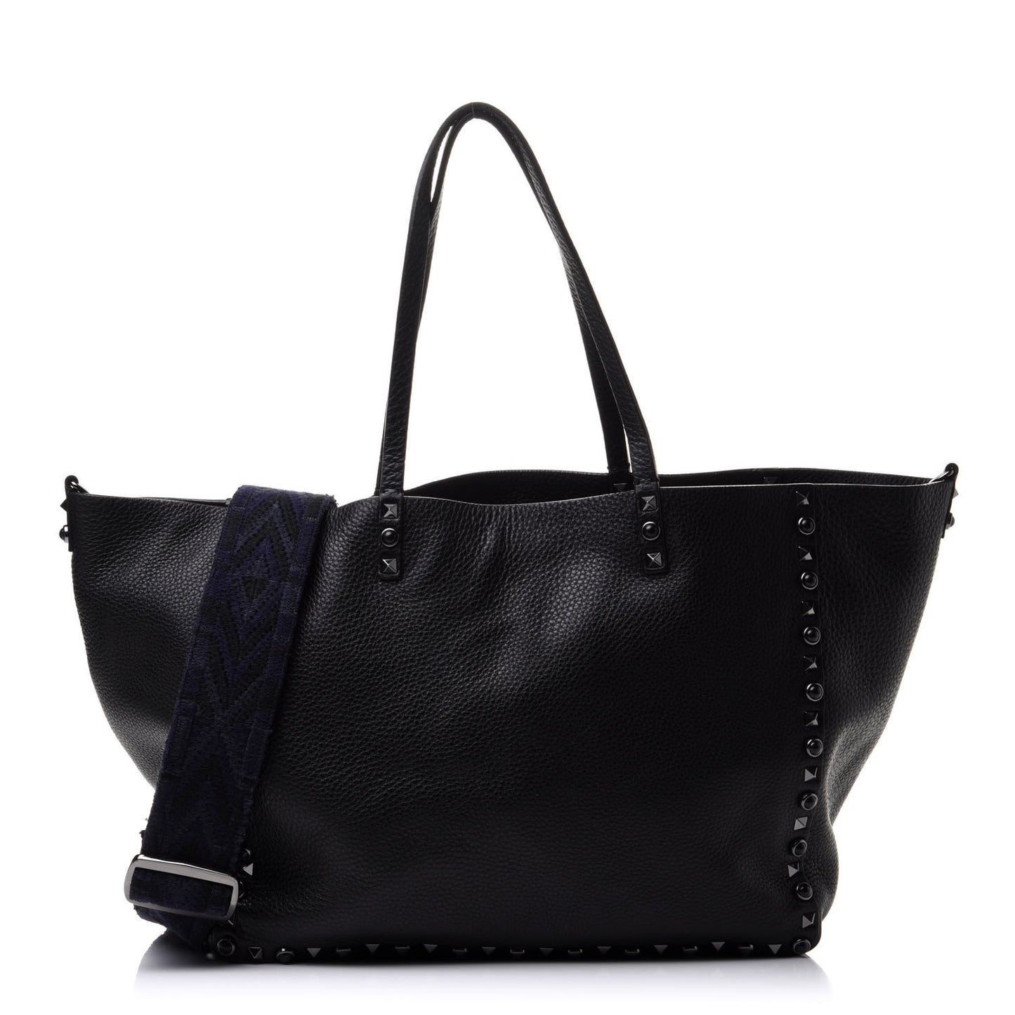 Grained Calfskin Medium Rolling Rockstud Reversible Tote Black