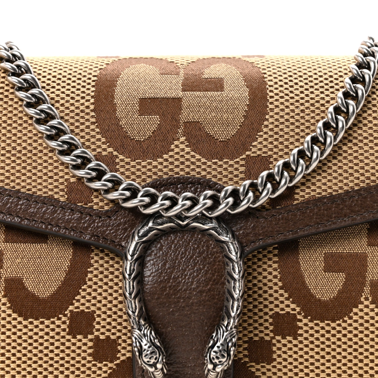 Gucci Monogram Jumbo GG Textured Dollar Calfskin Mini Dionysus Chain Wallet Camel Ebony New Acero 8 of 11