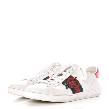 Gucci Calfskin Ayers Web Pineapple Ladybug Embroidered Womens Ace Sneakers 37 White 3 of 16