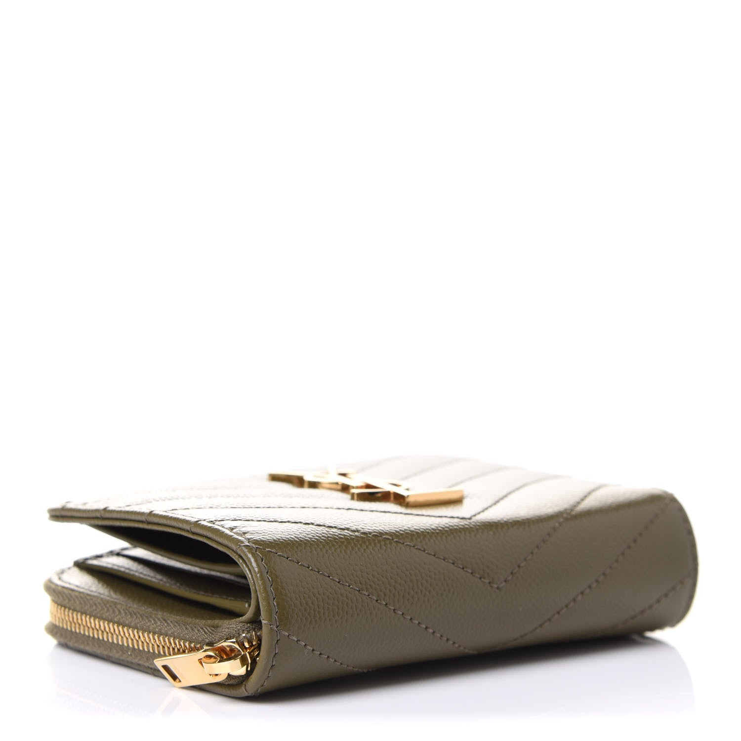 Saint Laurent Grain De Poudre Matelasse Chevron Monogram Compact Zip Around Wallet Vert Kaki 4 of 9