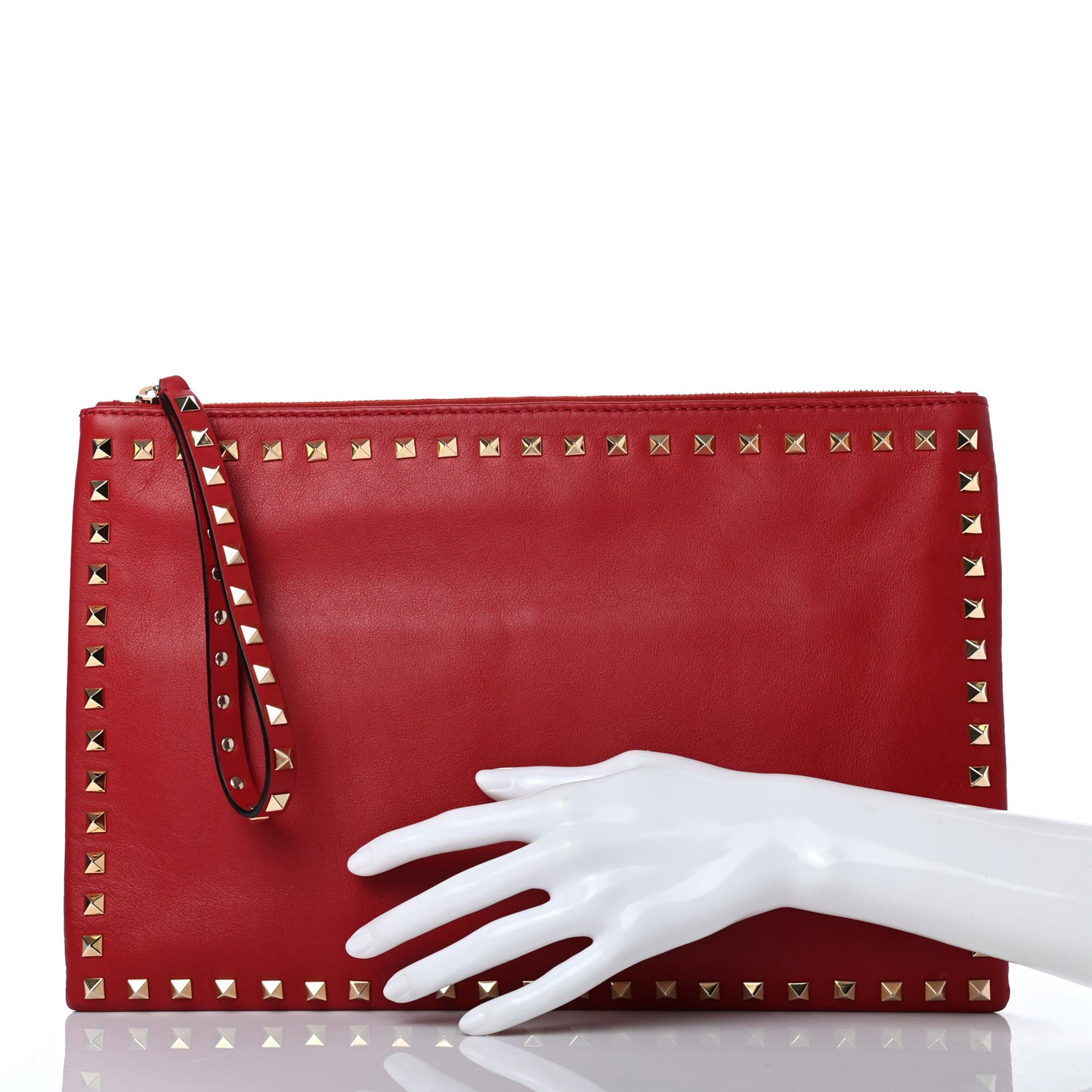Vitello Large Rockstud Zip Wristlet Pouch Rosso Valentino
