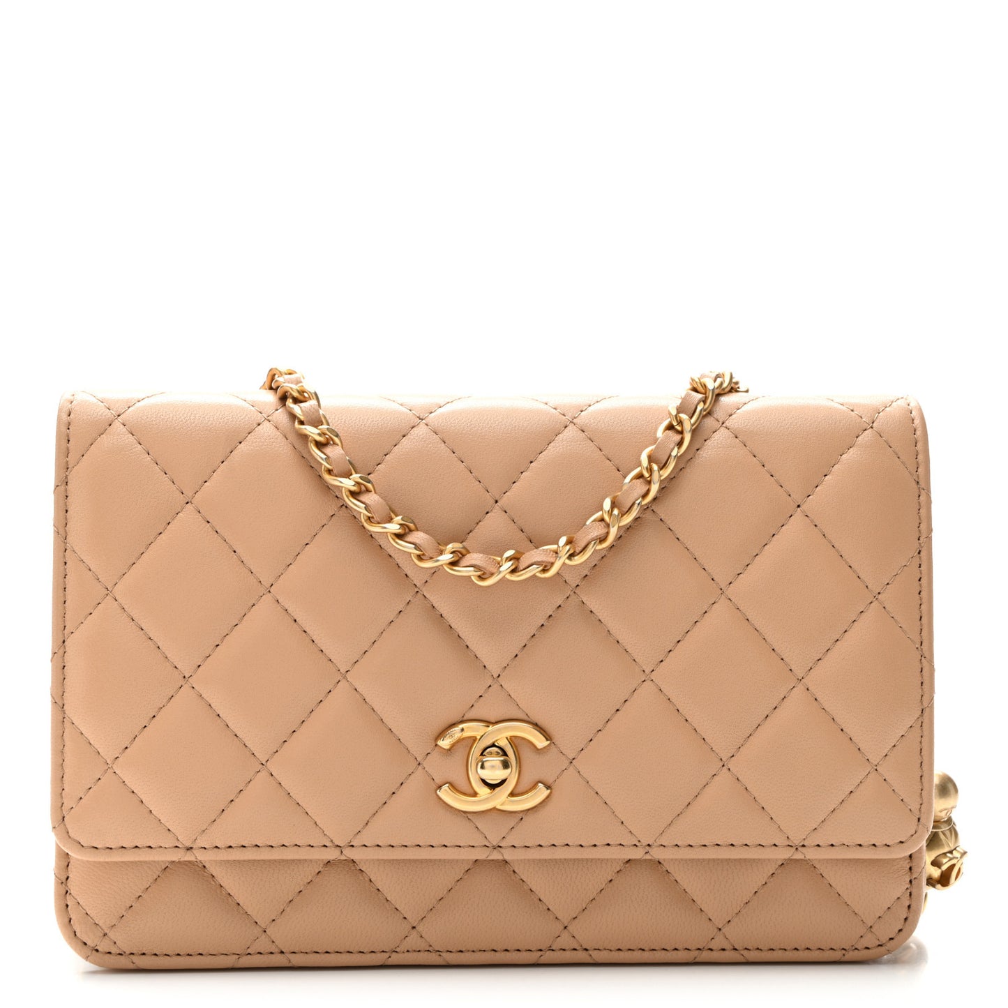 Lambskin Quilted CC Pearl Crush Wallet on Chain WOC Beige