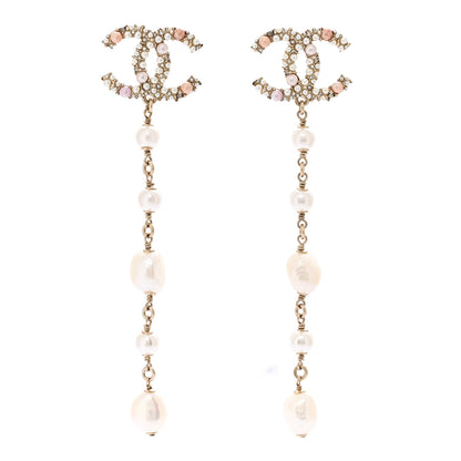 Chanel Pearl Crystal CC Charm Drop Earrings Gold Pink Pearly White 1 of 5