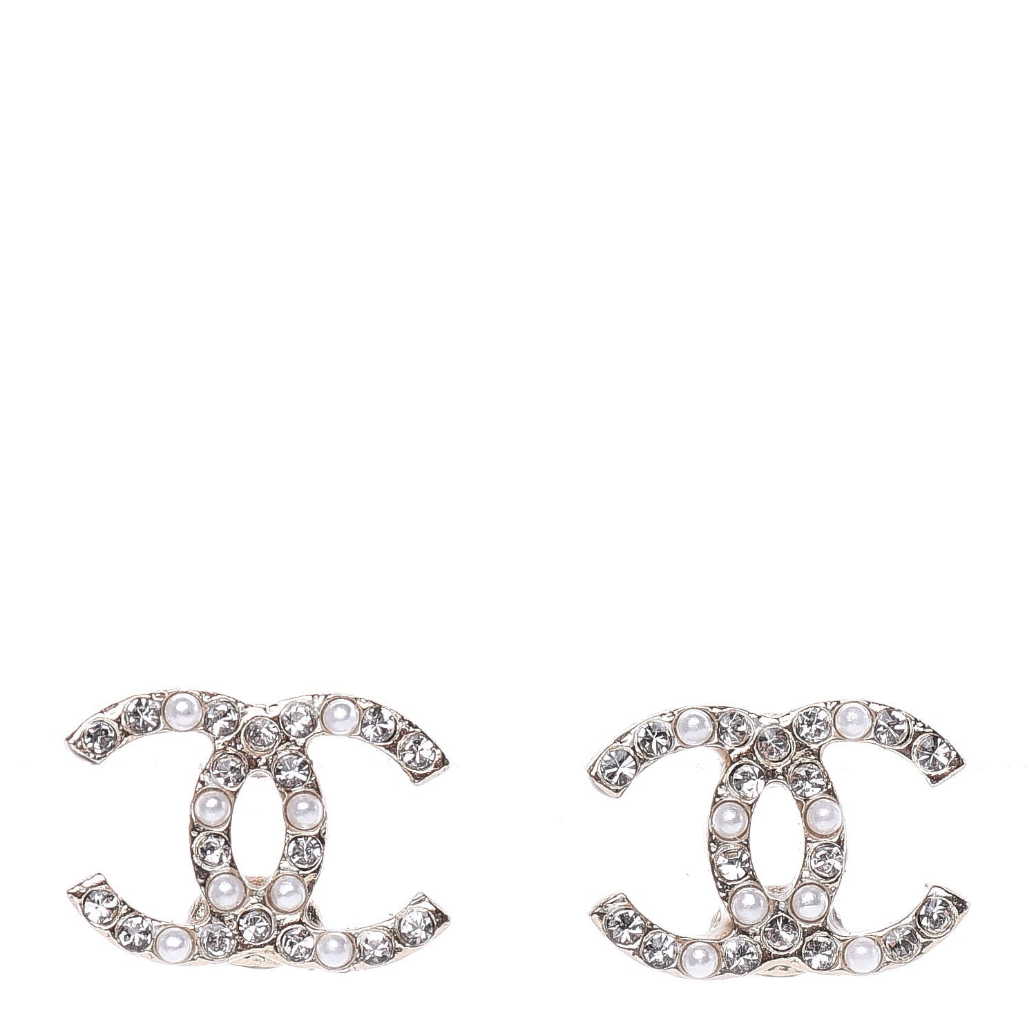 Chanel Pearl Crystal CC Charms Stud Earrings Light Gold 1 of 6