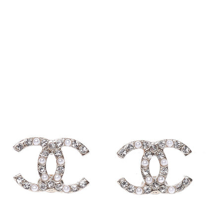 Chanel Pearl Crystal CC Charms Stud Earrings Light Gold 1 of 6