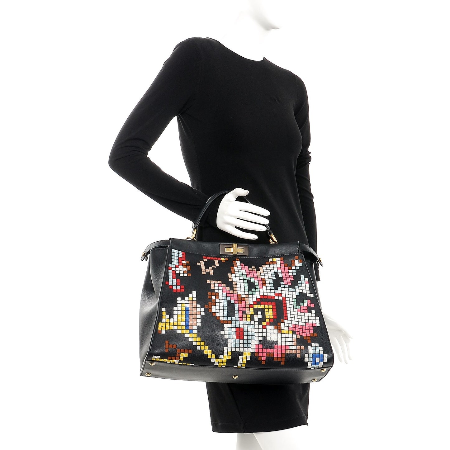 Calfskin Pixel Embroidered Large Peekaboo Iconic Satchel Black