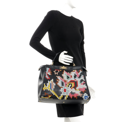 Fendi Calfskin Pixel Embroidered Large Peekaboo Iconic Satchel Black 2 of 8
