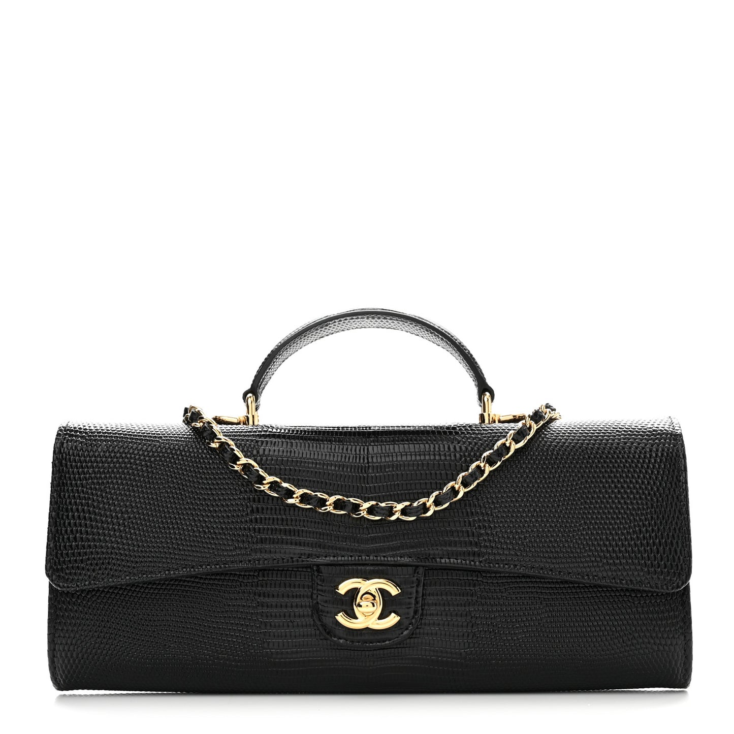 Calfskin Lizard Embossed Top Handle Clutch With Chain Black