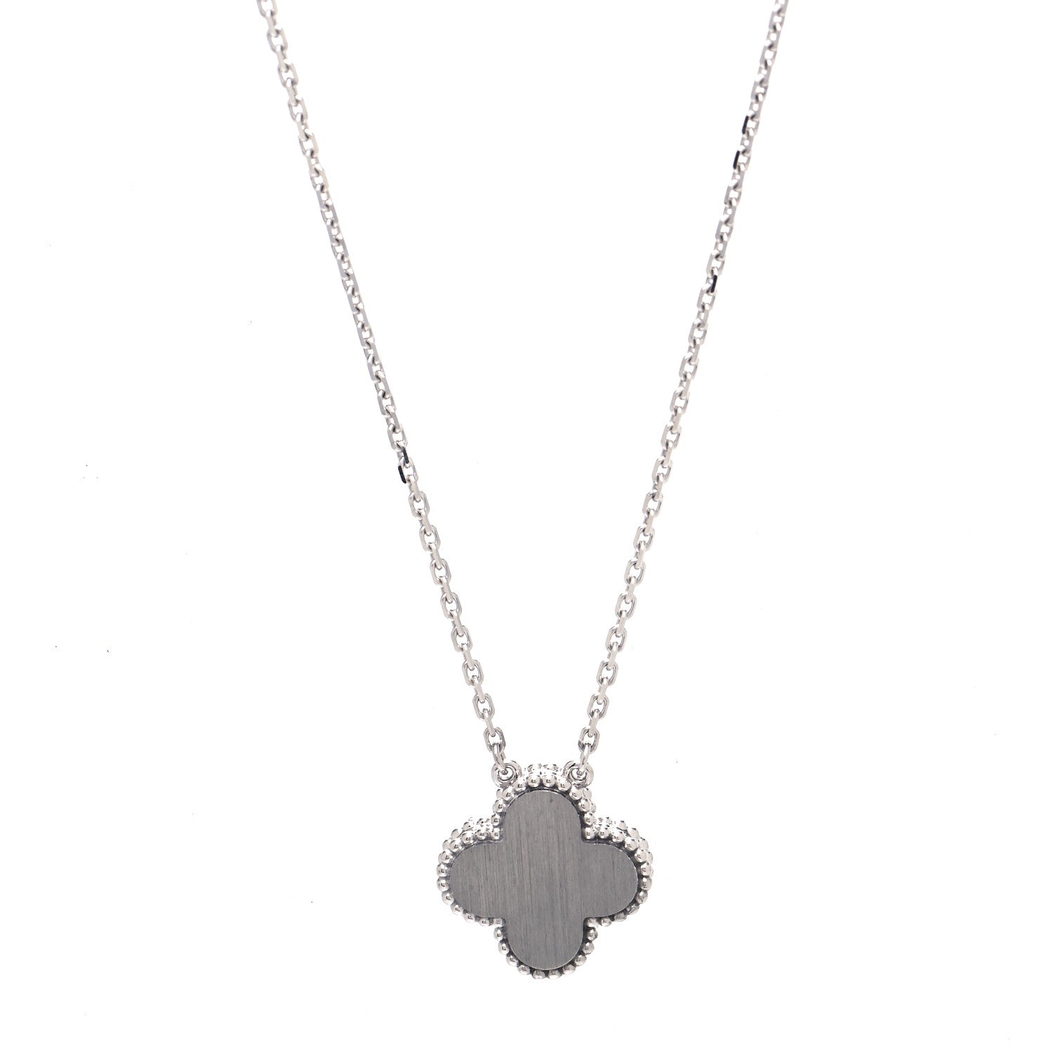 Van Cleef & Arpels 18K White Gold Diamond Guilloche Vintage Alhambra Pendant Necklace 3 of 7