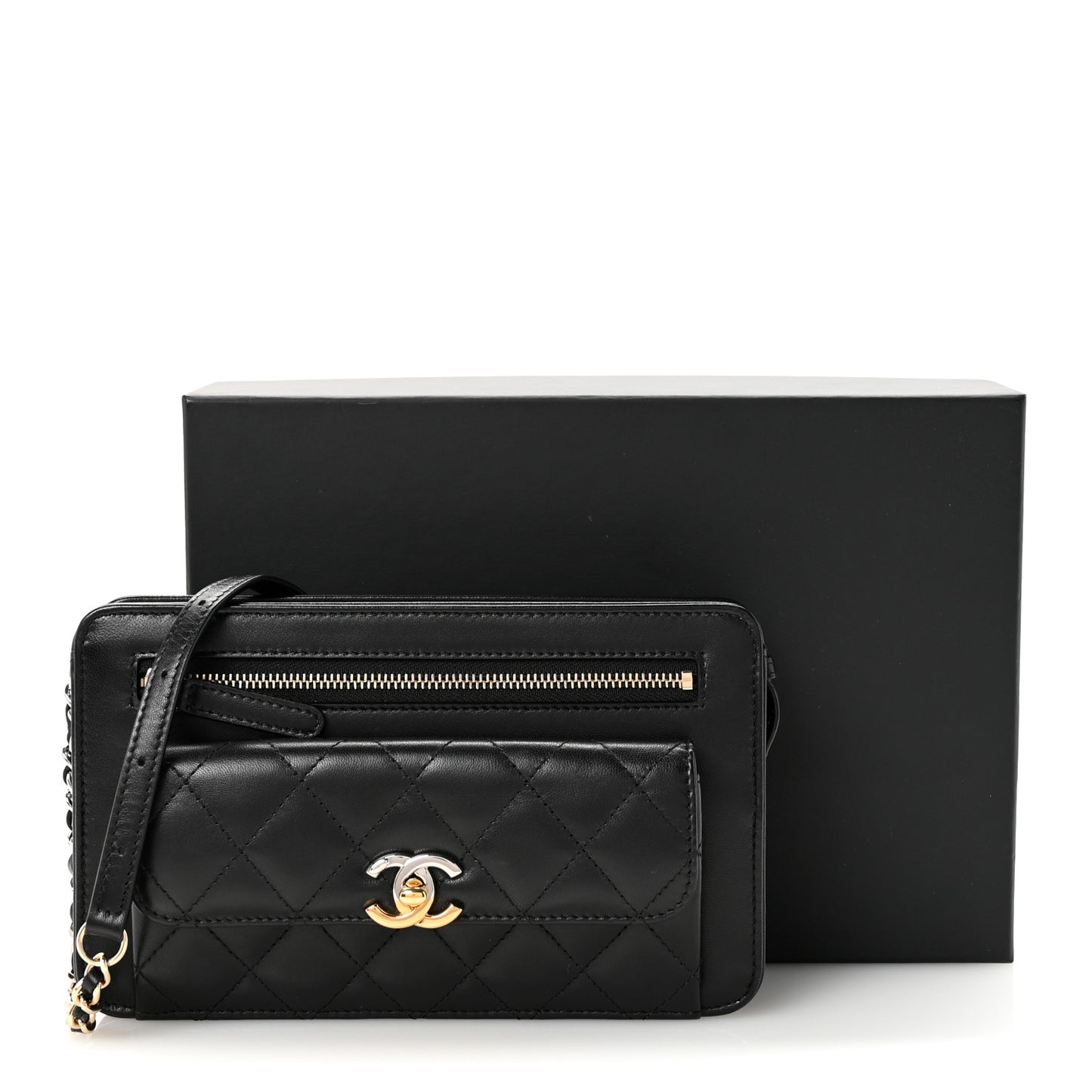 Lambskin Quilted Front Pocket Clutch With Chain Black
