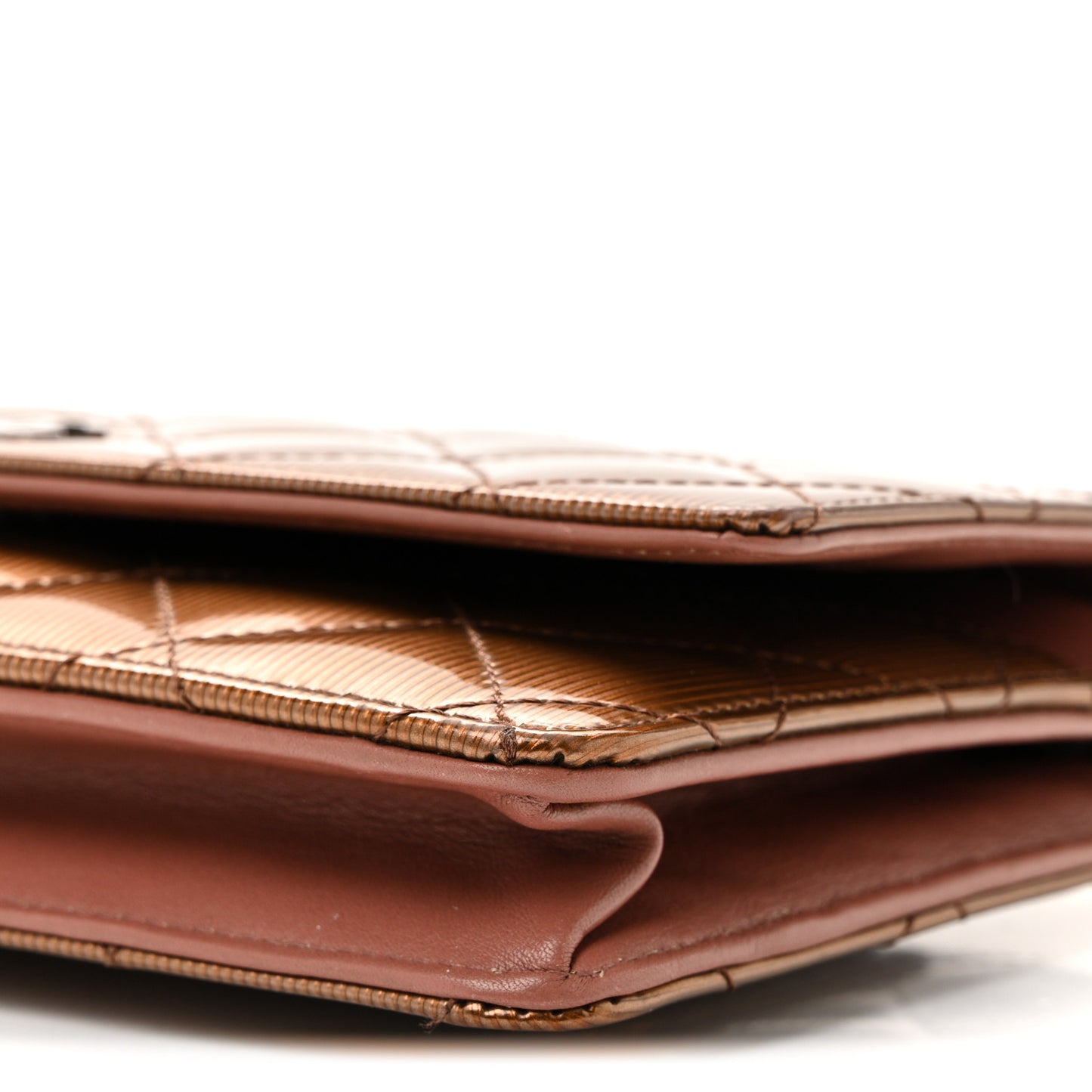 Metallic Striated Patent Quilted Wallet on Chain WOC Bronze