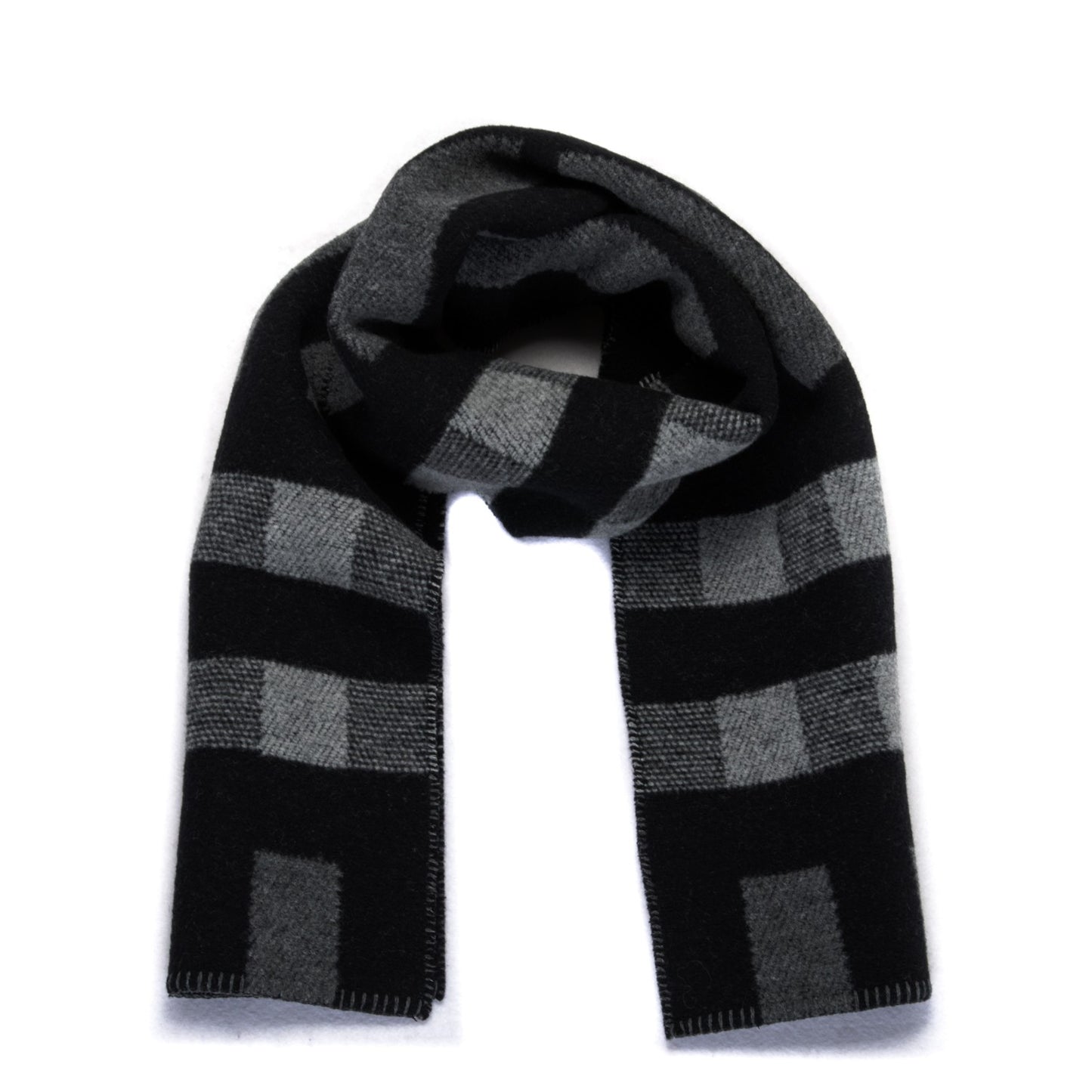 Wool Cashmere Half Mega Check Blanket Scarf Black Grey