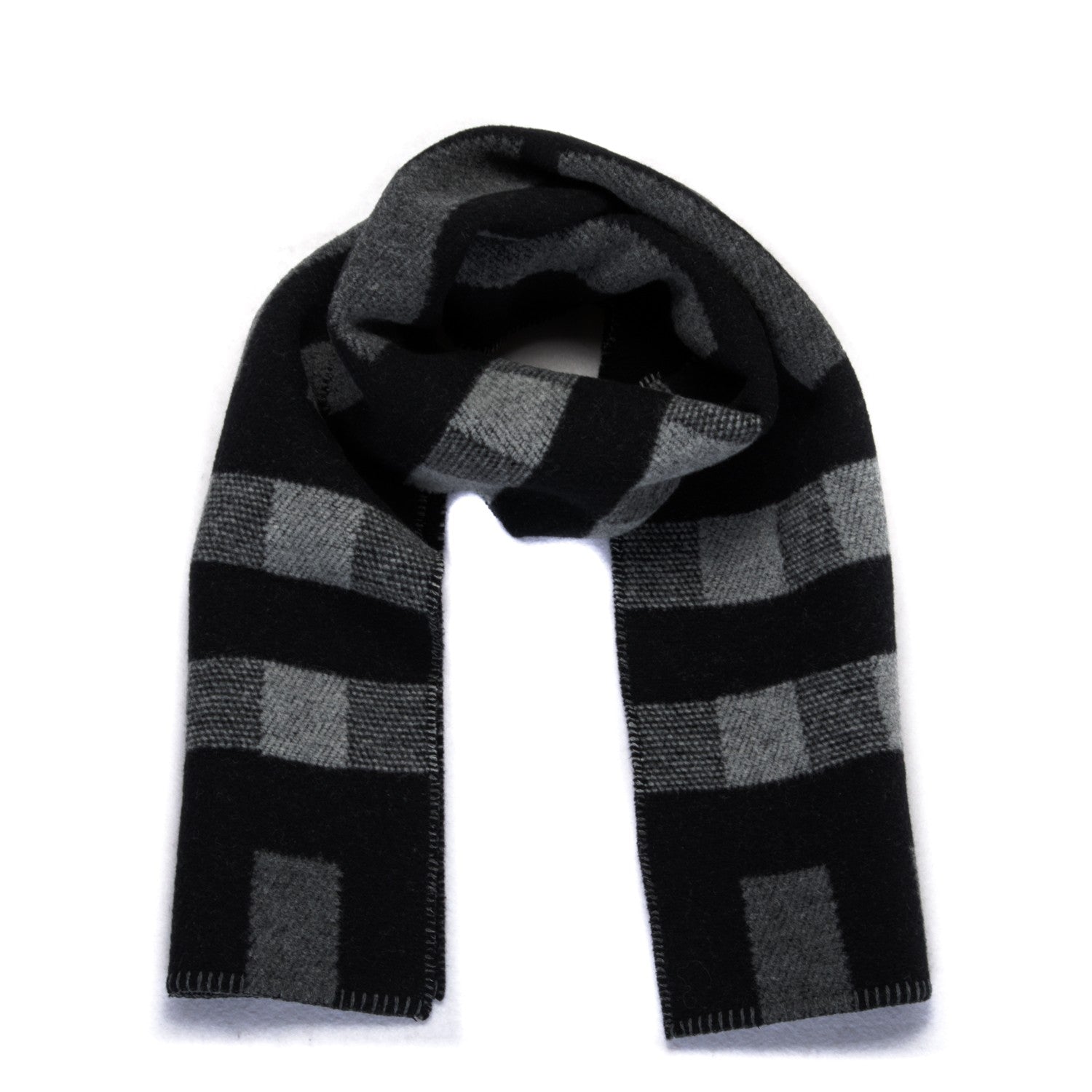 Burberry Wool Cashmere Half Mega Check Blanket Scarf Black Grey 1 of 5