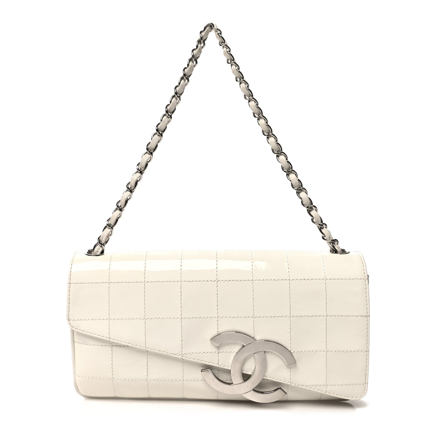 Patent Quilted Diagonal CC East West Chocolate Bar Flap White