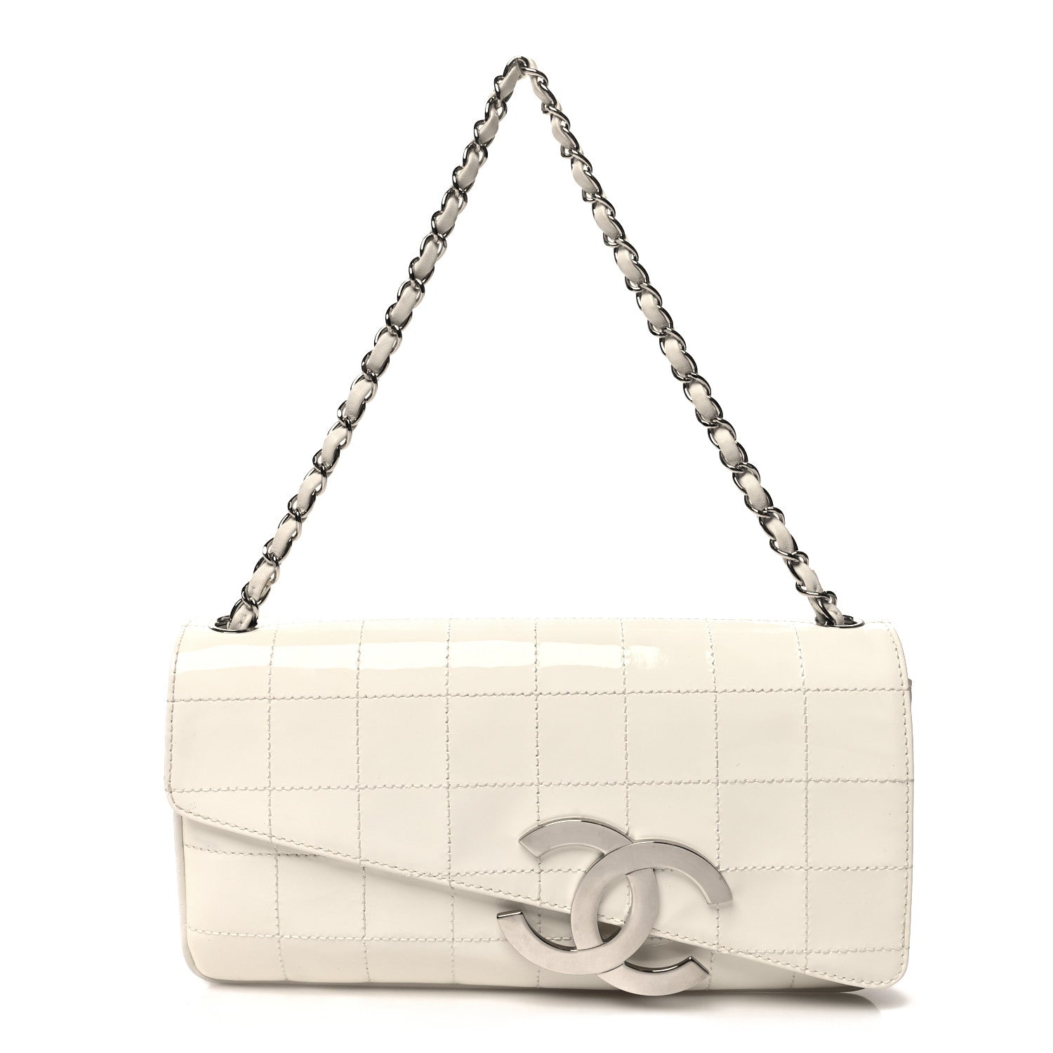 Chanel Patent Quilted Diagonal CC East West Chocolate Bar Flap White 1 of 14