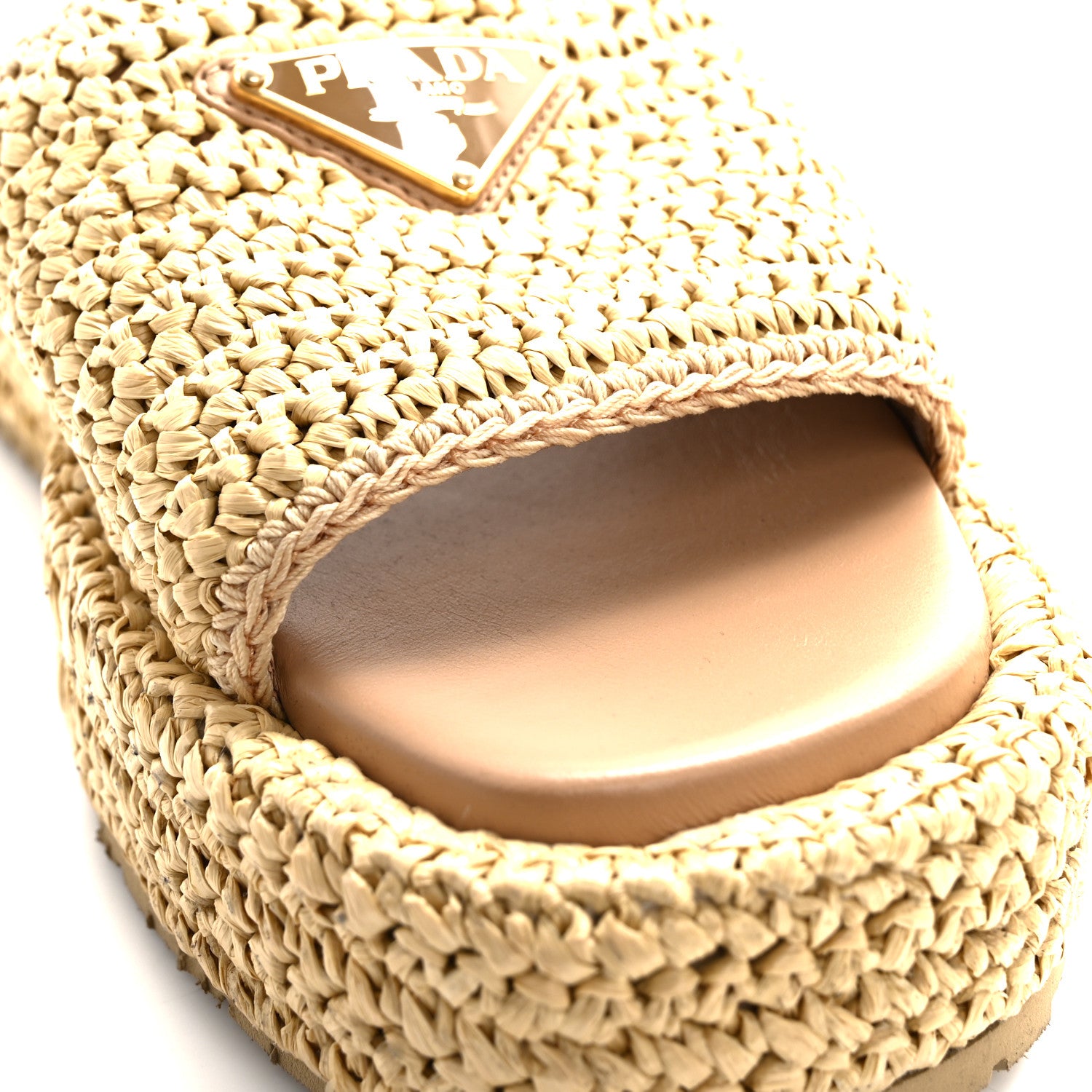 Prada Raffia Metal Triangle Logo Woven Flatform 35mm Slide Sandals 39 Naturale 16 of 17
