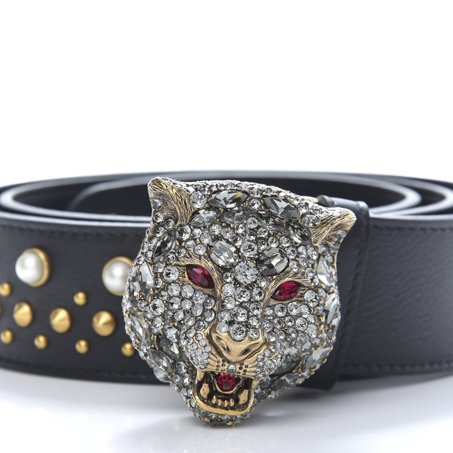Calfskin Pearl Studded Swarovski Crystal Feline Belt 85 34 Black