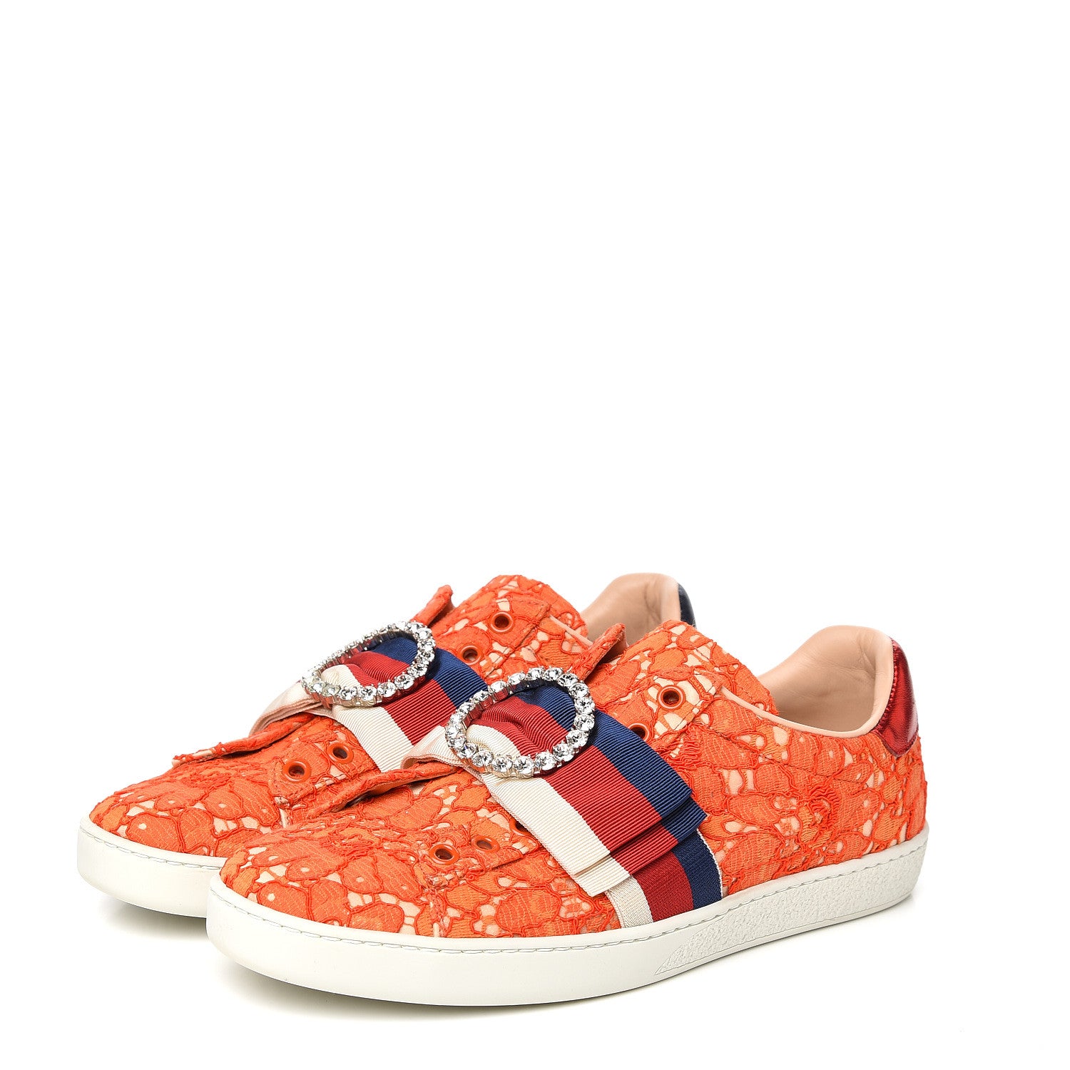Gucci Lace Crystal Sylvie Web Flower Leaf Womens Ace Sneakers 38 Hot Orange Tan Beige 3 of 8