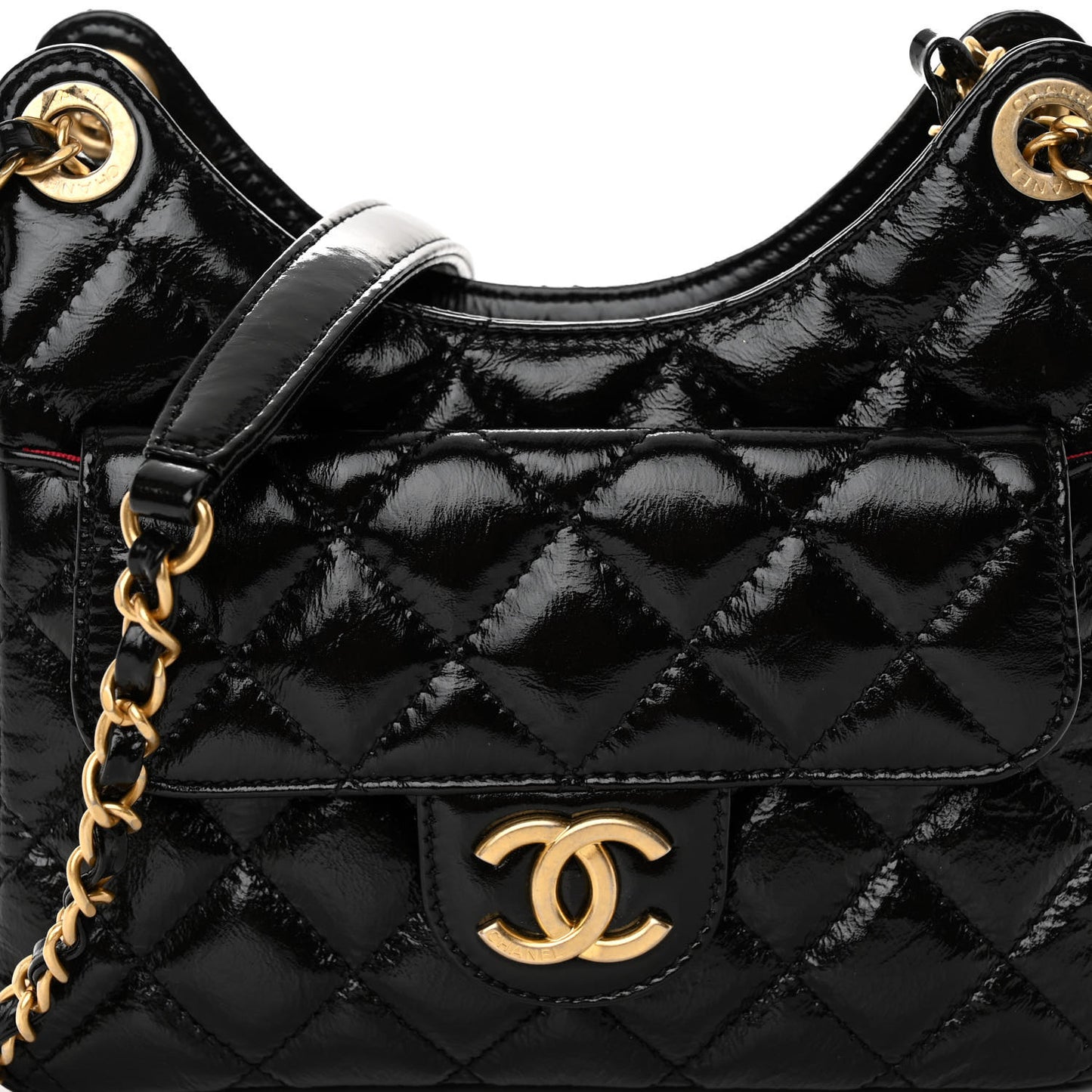 Shiny Crumpled Calfskin Quilted Small Wavy CC Hobo Black