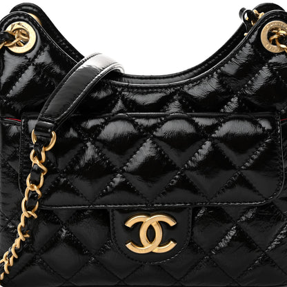 Chanel Shiny Crumpled Calfskin Quilted Small Wavy CC Hobo Black 7 of 10
