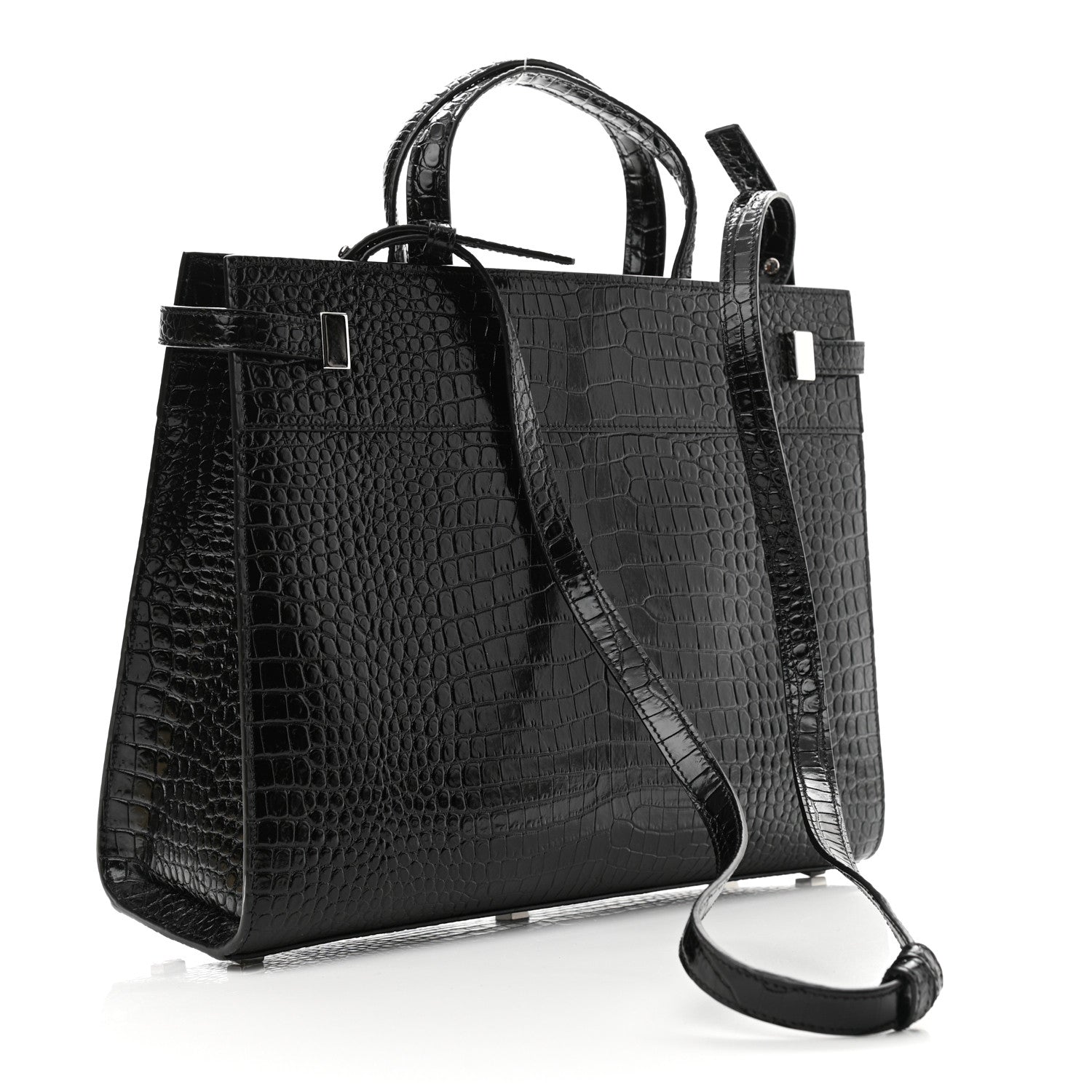 Saint Laurent Shiny Calfskin Crocodile Embossed Small Manhattan Shopper Tote Black 3 of 10