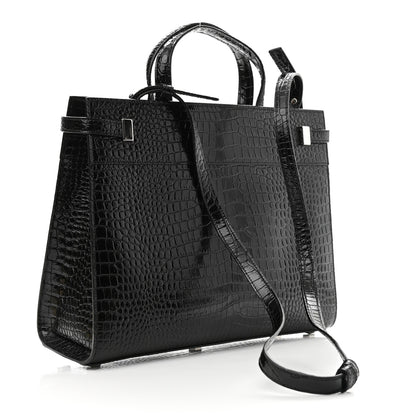 Saint Laurent Shiny Calfskin Crocodile Embossed Small Manhattan Shopper Tote Black 3 of 10