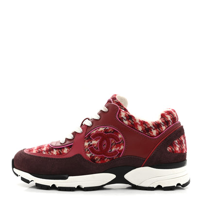 Chanel Wool Tweed Suede Calfskin Womens CC Sneakers 36 Red White Dark Brown Burgundy 1 of 10