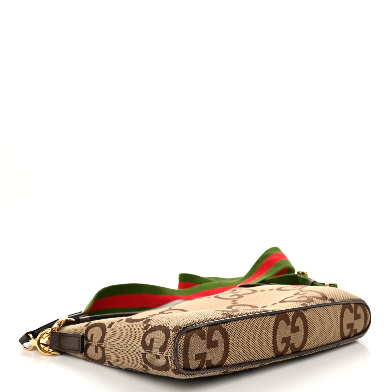 Gucci Monogram Jumbo GG Textured Dollar Calfskin Web Wristlet Messenger Bag Camel Ebony New Acero 4 of 11