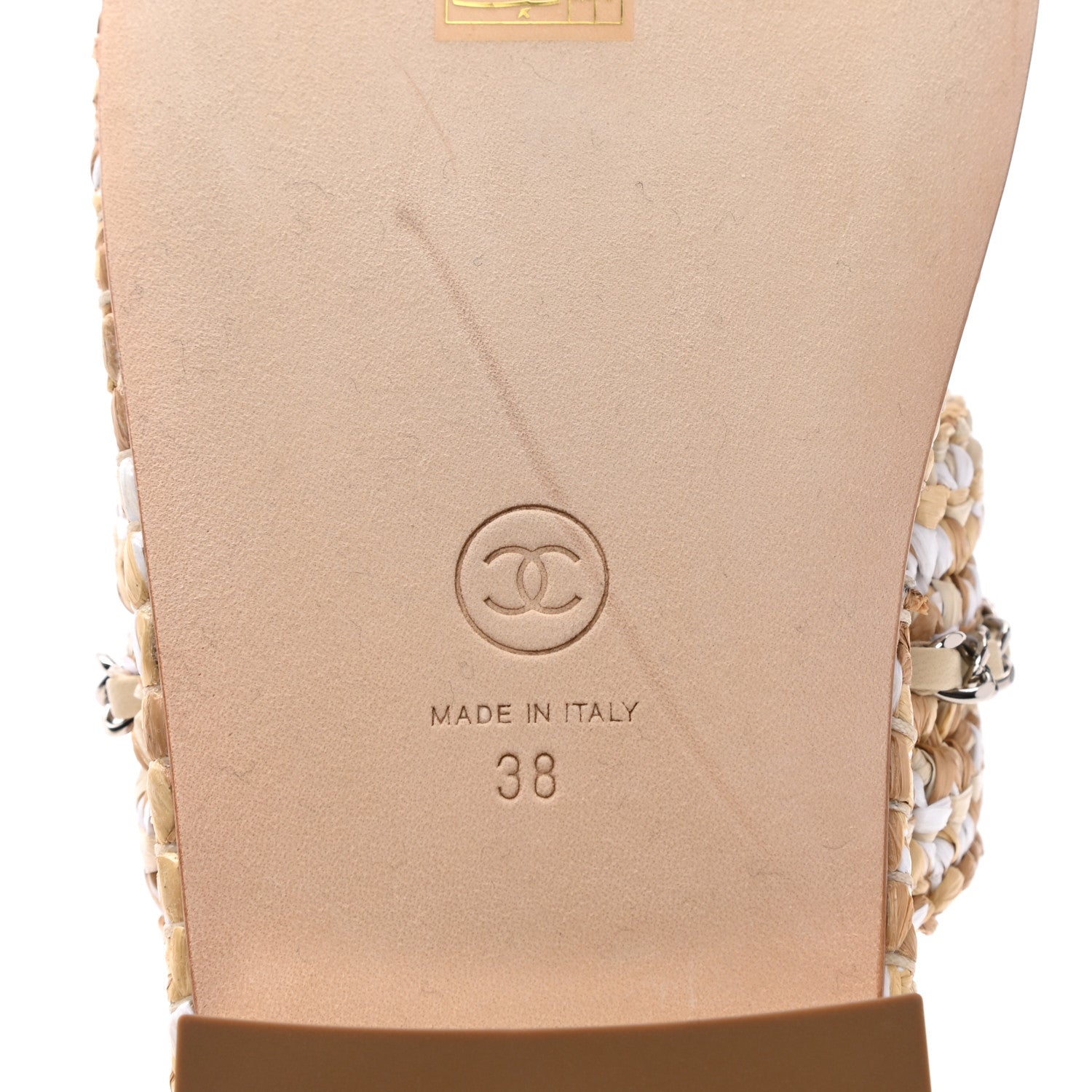 Chanel Raffia Lambskin Woven Chain CC Toe Ring Sandals 38 Beige White 5 of 9