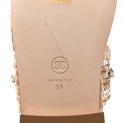 Chanel Raffia Lambskin Woven Chain CC Toe Ring Sandals 38 Beige White 5 of 9