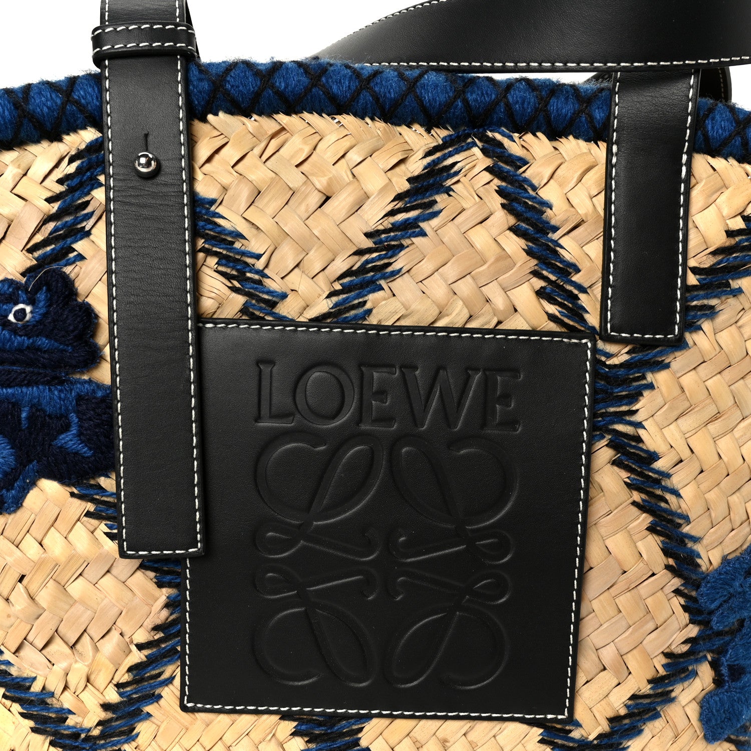 Loewe Embroidered Raffia Basket Tote Bag Natural Black Blue 7 of 10