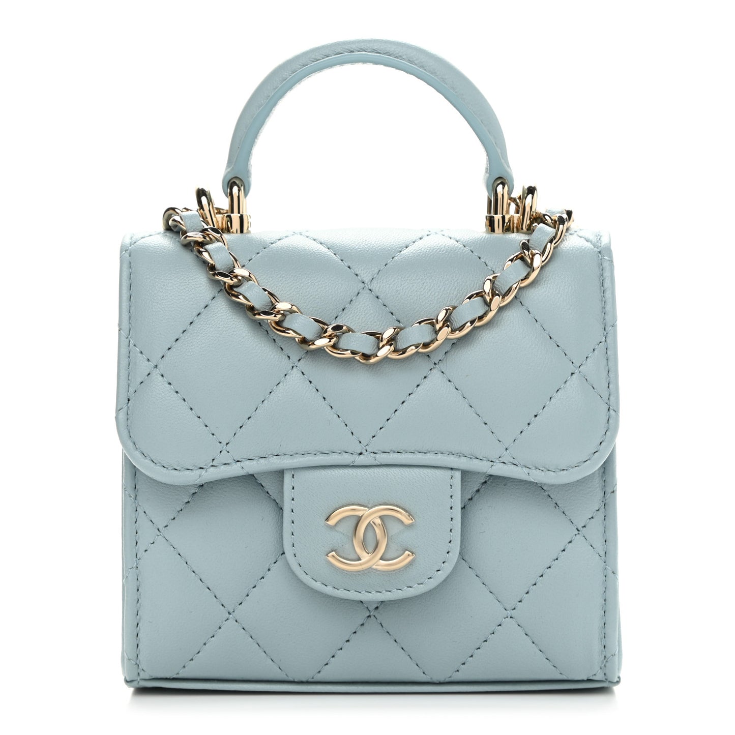 Lambskin Quilted Top Handle Flap Clutch With Chain Light Blue