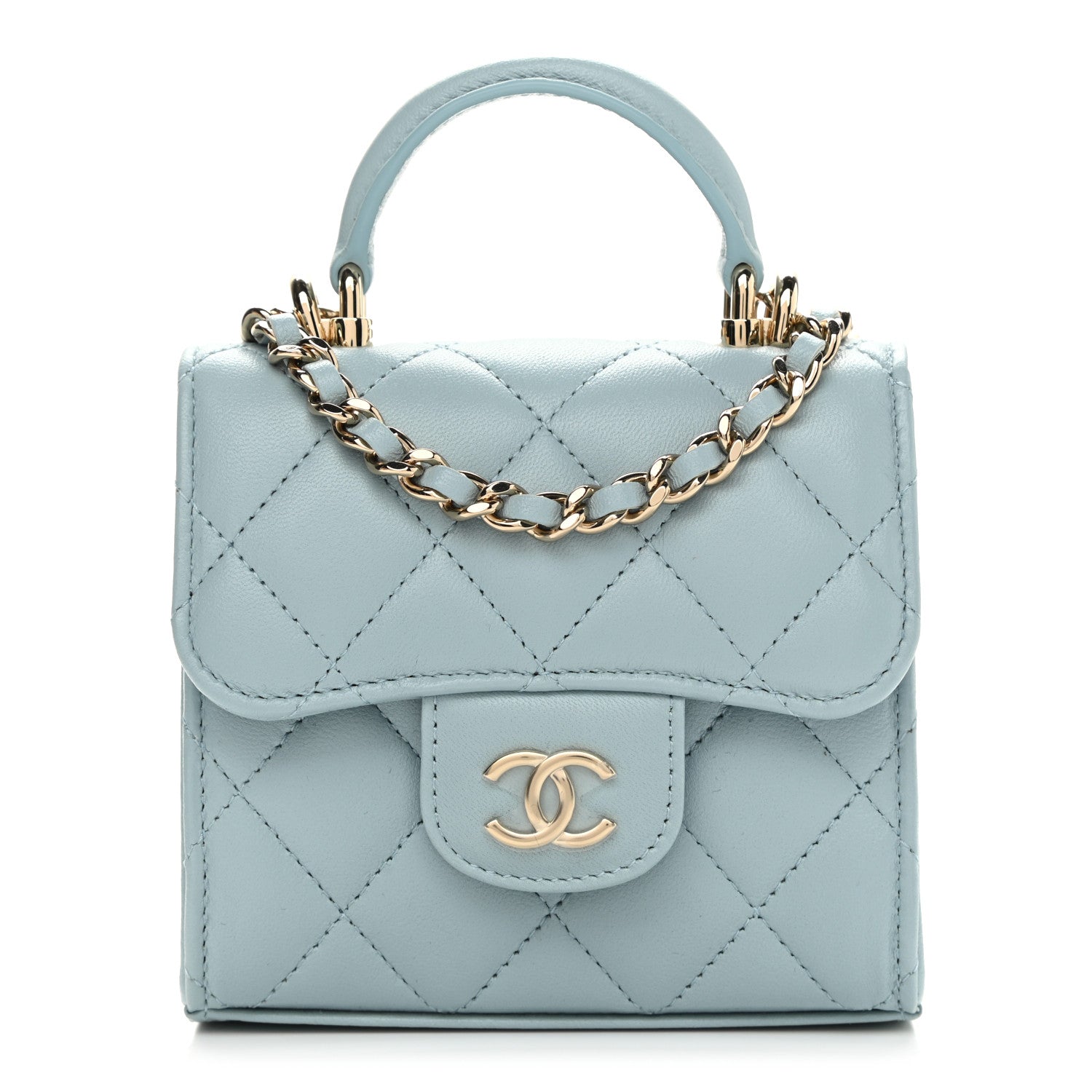 Chanel Lambskin Quilted Top Handle Flap Clutch With Chain Light Blue 1 of 10