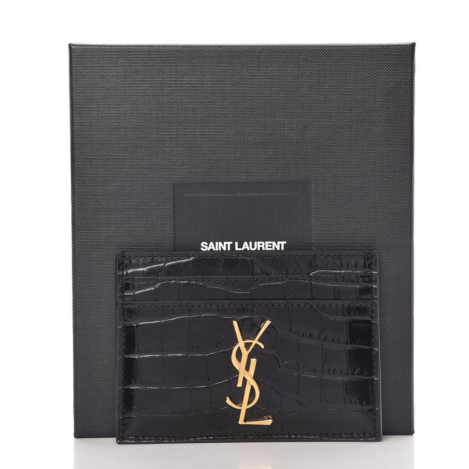 Saint Laurent Calfskin Crocodile Embossed Monogram Credit Card Case Black 8 of 8