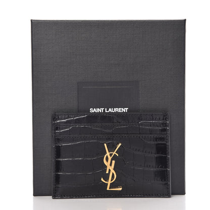 Saint Laurent Calfskin Crocodile Embossed Monogram Credit Card Case Black 8 of 8