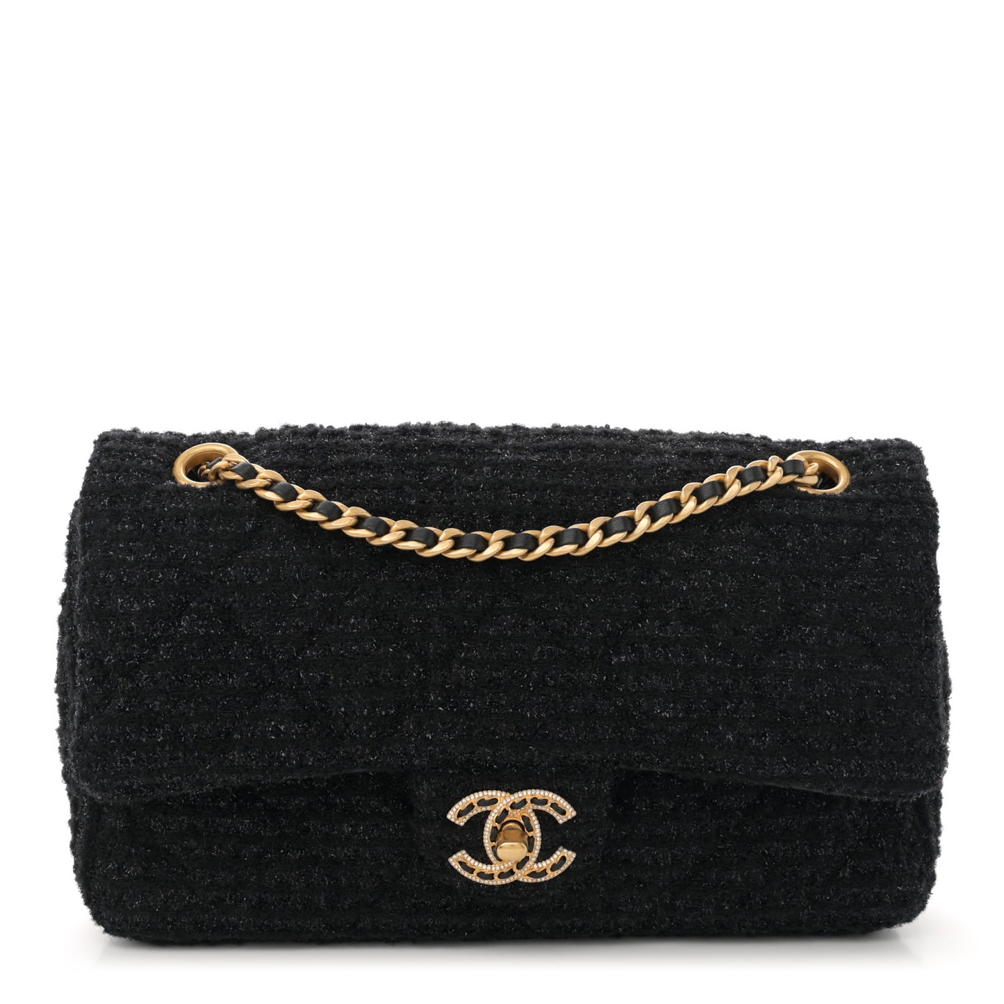 Tweed Quilted Medium Crystal CC Single Flap Black