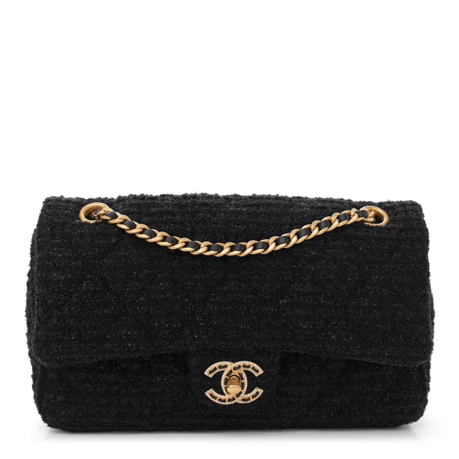 Chanel Tweed Quilted Medium Crystal CC Single Flap Black 1 of 10