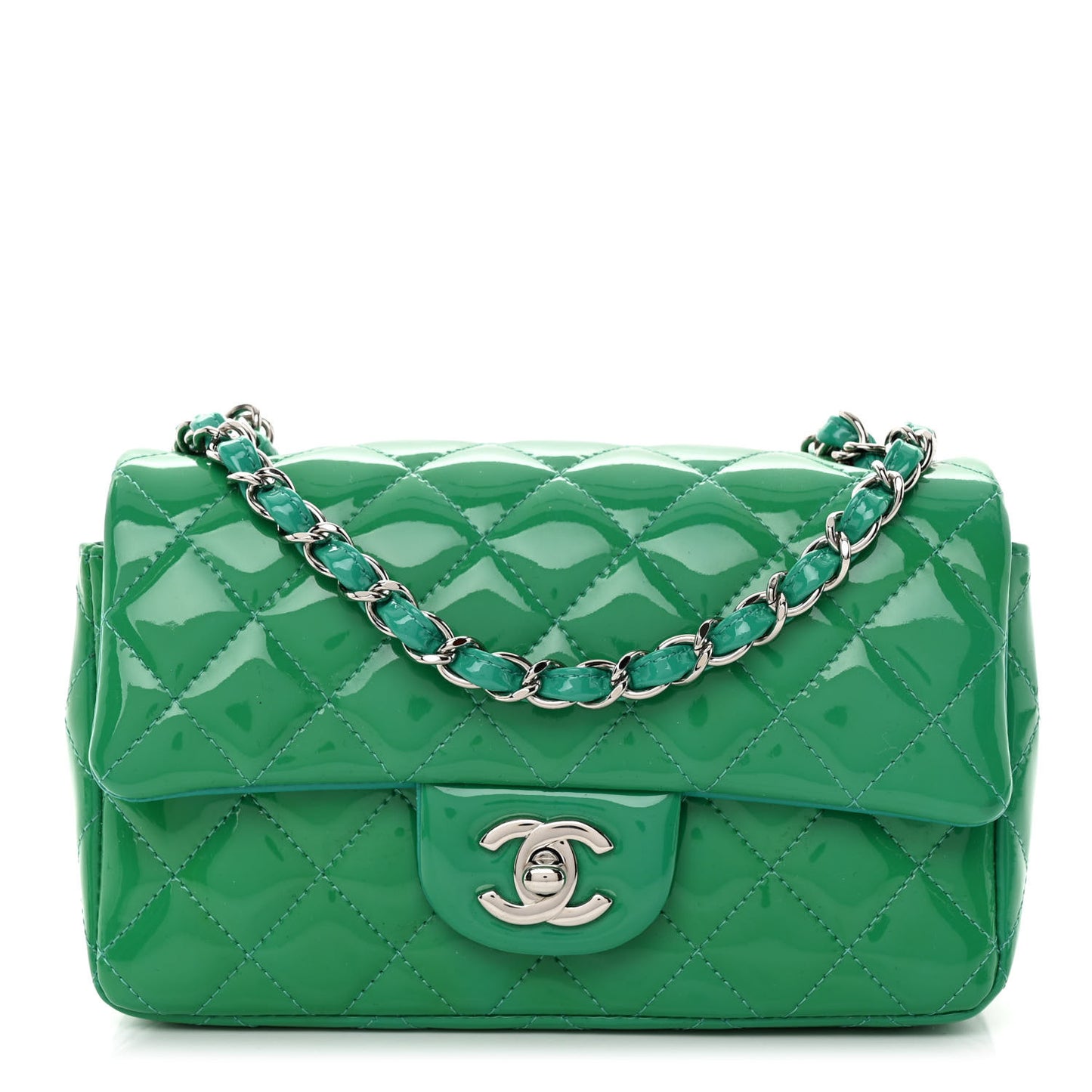 Patent Calfskin Quilted Mini Rectangular Flap Green