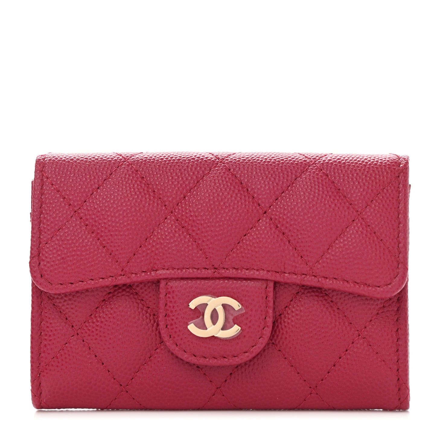 Caviar Quilted Flap Card Holder Wallet Dark Pink