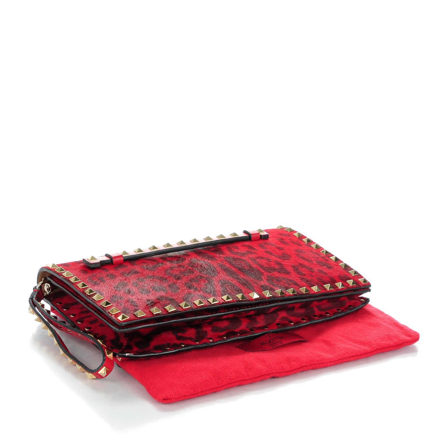 Valentino Garavani Calf Hair Leopard Print Rockstud Wristlet Clutch Red 4 of 8