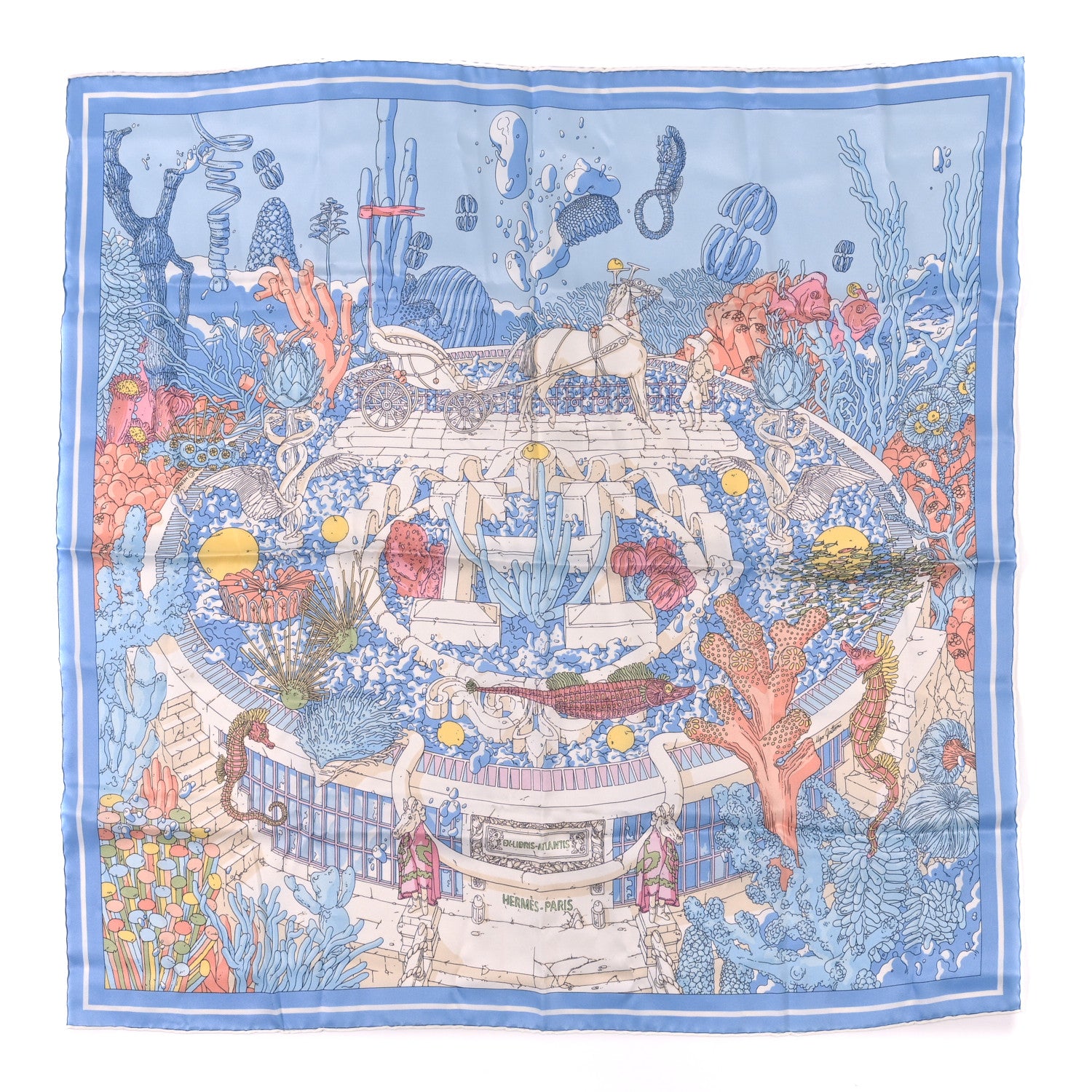Hermes Vintage Silk Ex Libris Atlantis Scarf 70 Bleu Ciel Rose Jaune 1 of 3