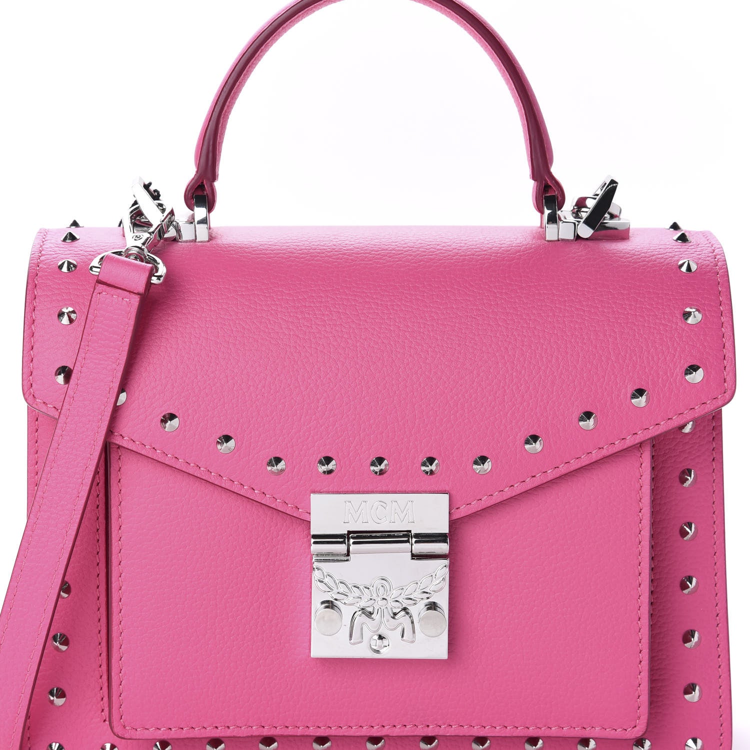 MCM Calfskin Studded Small Patricia Satchel Pink 12 of 12