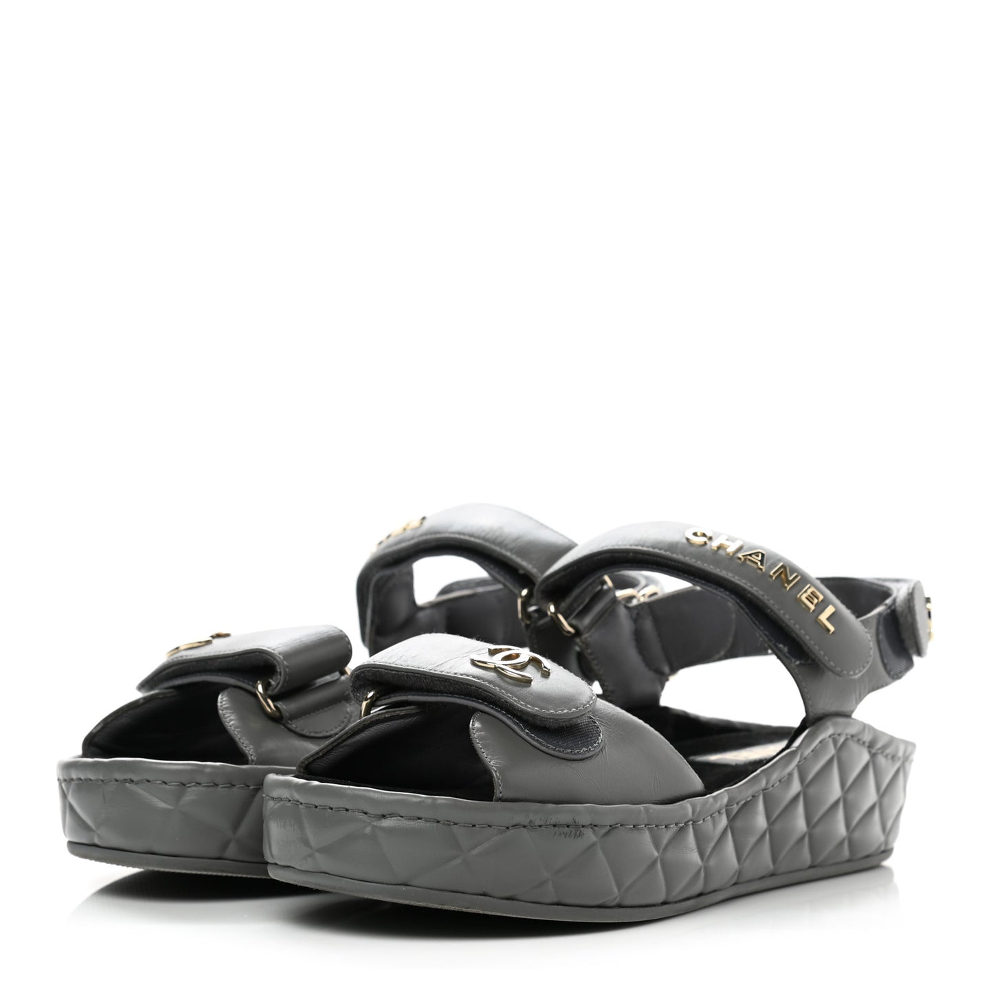 Shiny Calfskin Logo Platform Sandals 38 Grey