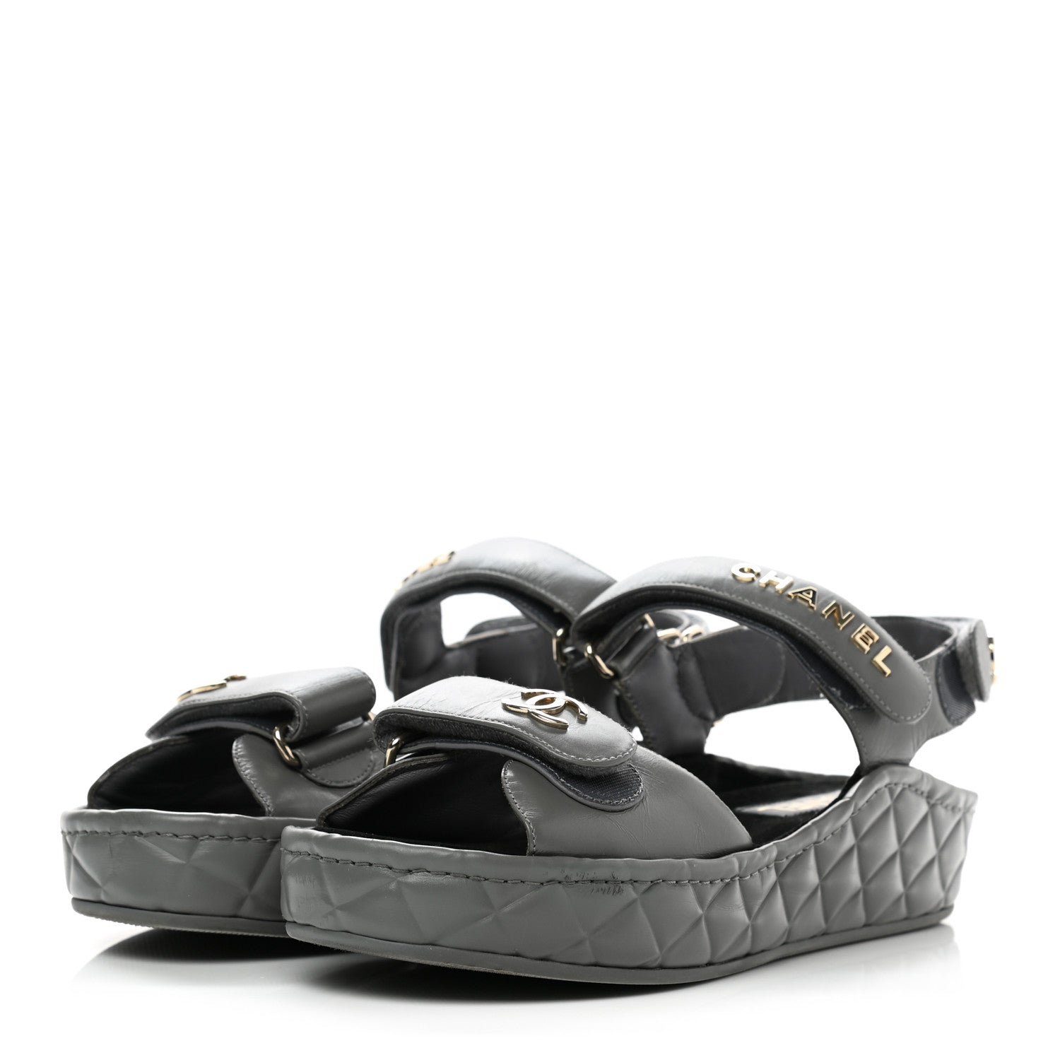 Chanel Shiny Calfskin Logo Platform Sandals 38 Grey 3 of 9
