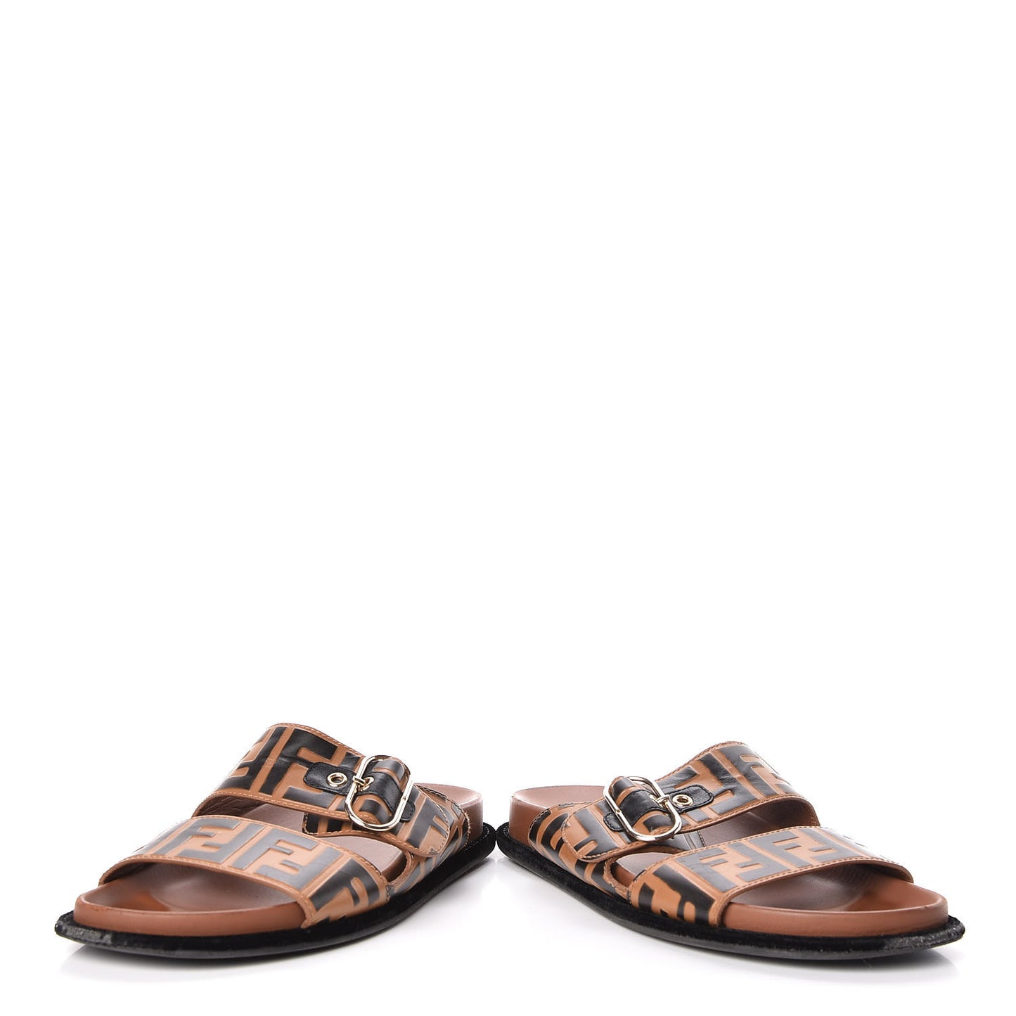 Calfskin FF Embossed Slide Sandals 39.5 Tobacco Moro