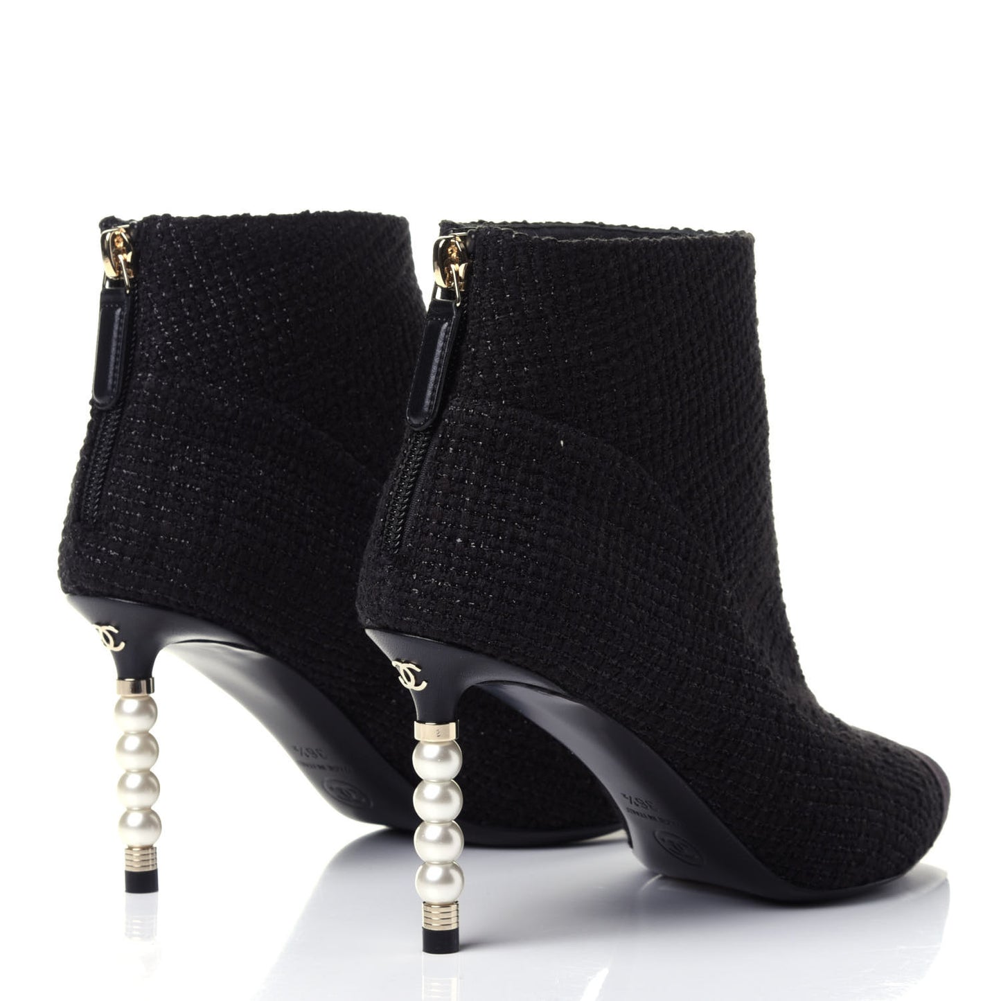 Tweed Grosgrain Pearl Cap Toe Short Boots 36.5 Black