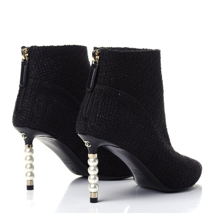Chanel Tweed Grosgrain Pearl Cap Toe Short Boots 36.5 Black 3 of 5