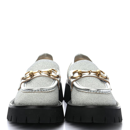 Gucci Mini Diamond Storm Silk Calfskin Womens Harald Horsebit 25mm Platform Loafers 36 Silver 2 of 9