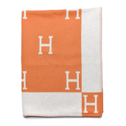 Hermes Wool Cashmere Signature Classic Avalon Blanket Ecru Potiron 1 of 5